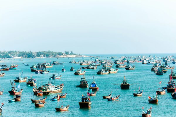 Fishing boats on turquoise water off the central Vietnam coast
